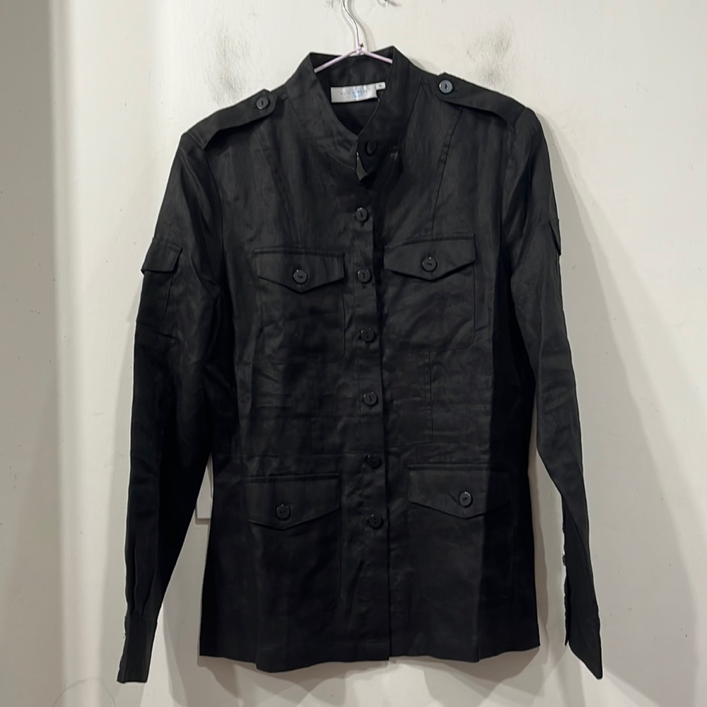 Alice Blue Linen Safari Utility Long Sleeve Buttoned Black Blouse S